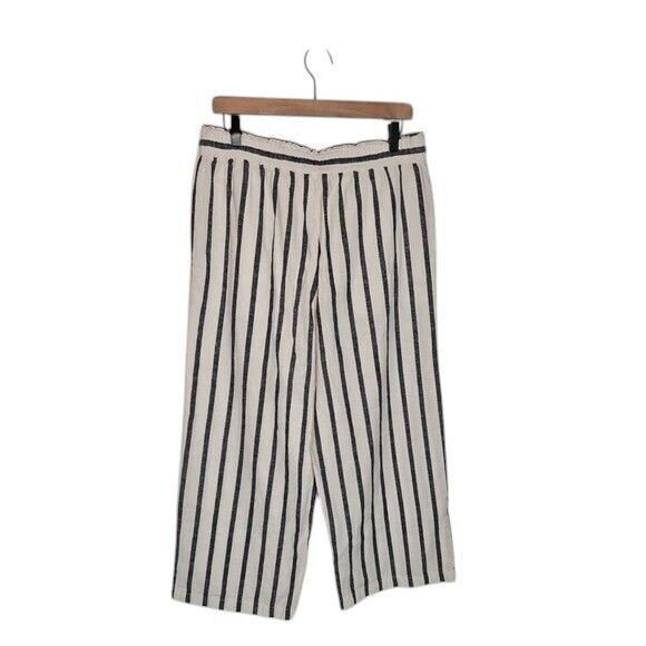 J Crew Women Sz 12 Linen Blend Wide Leg Ankle Pants Blue White Stripe Boho Beach - Picture 2 of 8